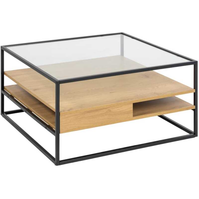 ACT NORDIC Randolf soffbord, m. 2 hyllplan - klart glas, naturlig vild ek melamin, matt svart stål