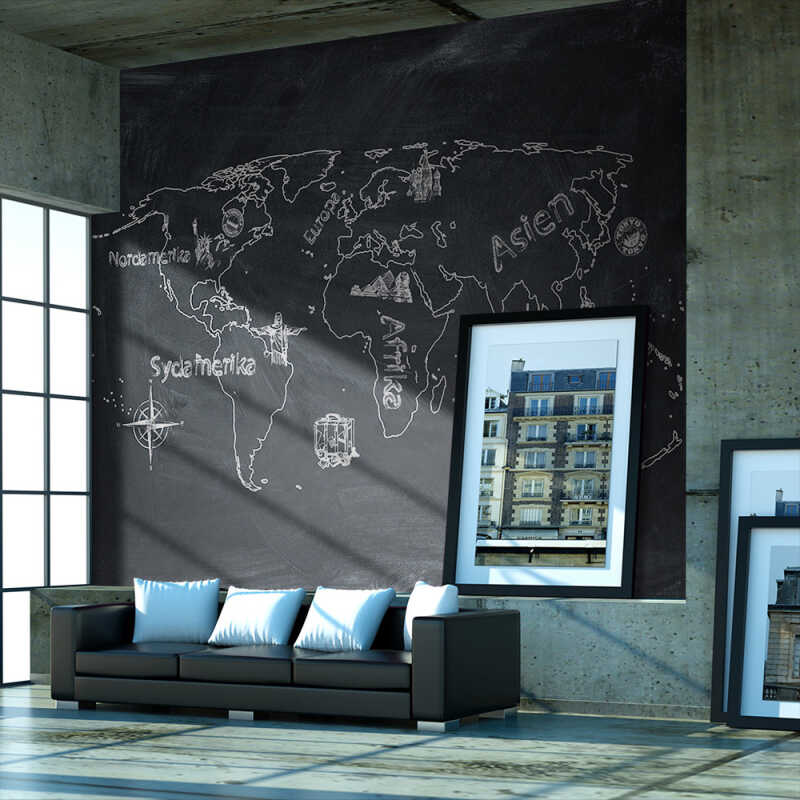 ARTGEIST Världskarta fototapeter med "blackboard look" och dansk text - svart och vitt ARTGEIST Världskarta fototapeter med "blackboard look" och dansk text - svart och vitt