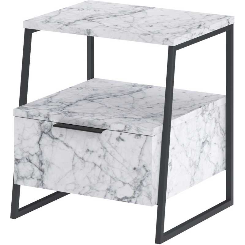 FUNZI LIVING Pal sängbord, m. 1 fack och 1 dörr - Carrara marmor melamin och svart metall