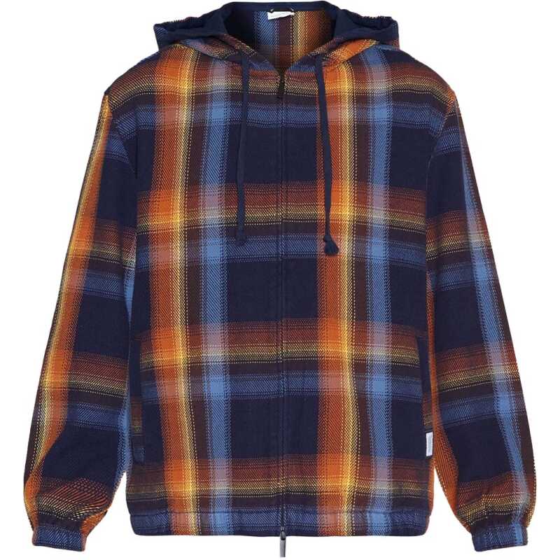 Knowledge Cotton Apparel Men's Checked Hoodie Twill Zipper Jacket Blue Check