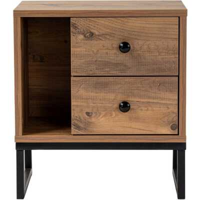 NORDVÄRK Glimmer sängbord, med 1 fack och 2 lådor - Atlantic Pine melamin och svart metall