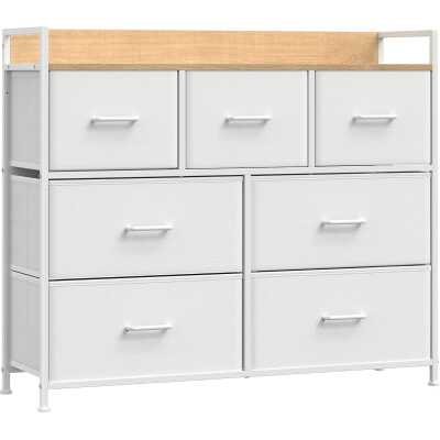 SONGMICS LTS523W57 byrå, skåp, förvaringsenhet, 7 tyglådor med handtag, metallram, modern stil, vit och t