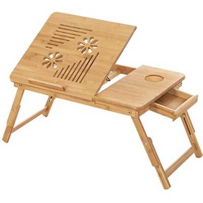 SONGMICS Laptopbord i bambu, hopfällbart sängbord, höjdjusterbart soffbord, med 5 lutningsvinklar, lufthål,