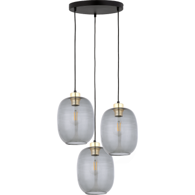 TK Delta taklampa, w. 3 skärmar - glas, guld och svart metall
