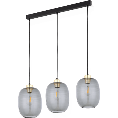 TK Delta taklampa, w. 3 skärmar - glas, guld och svart metall