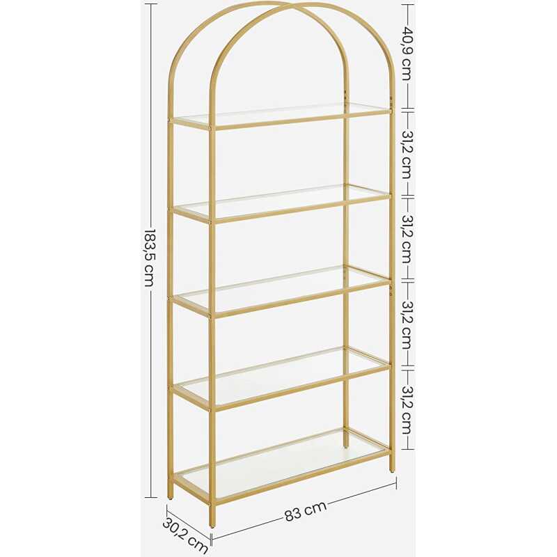 VASAGLE 5-fackshylla, hyllor i härdat glas, böjd design, stålkonstruktion, för vardagsrum, badrum, gyllene VASAGLE 5-fackshylla, hyllor i härdat glas, böjd design, stålkonstruktion, för vardagsrum, badrum, gyllene