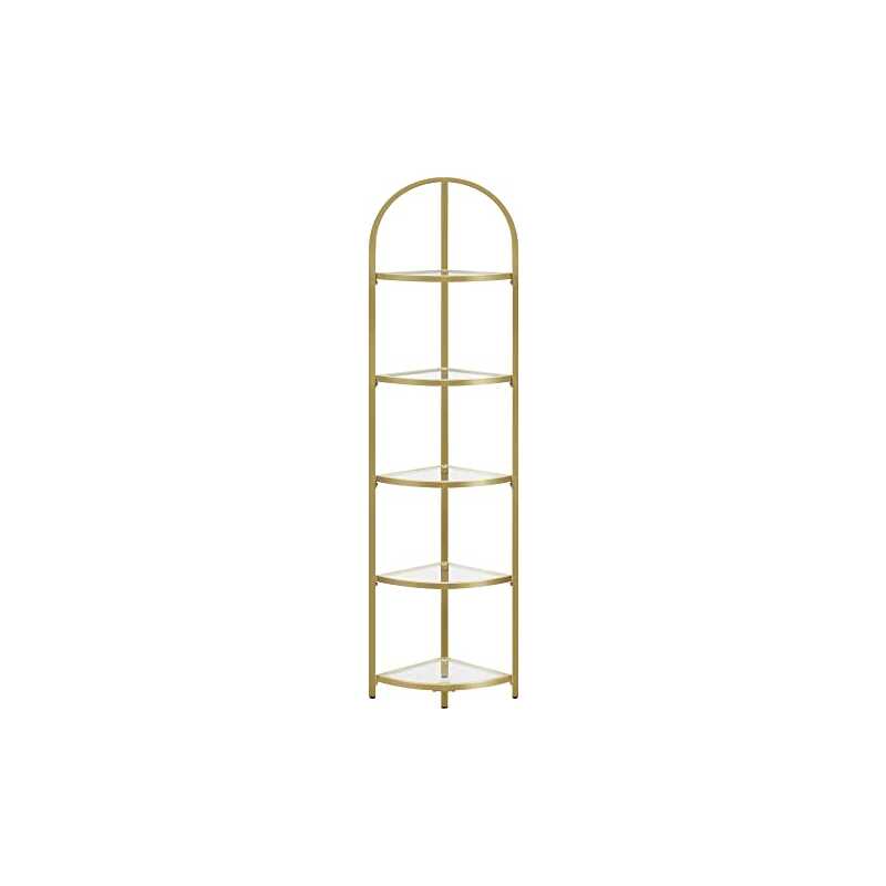 VASAGLE Hörnhylla, 5-facks hörnhylla, hyllor i härdat glas, modern stil, växtställning med stålra